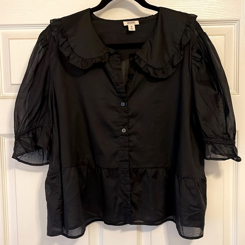 A.N.A BLACK BABYDOLL BUTTON UP BLOUSE W/Puffy sleeves.